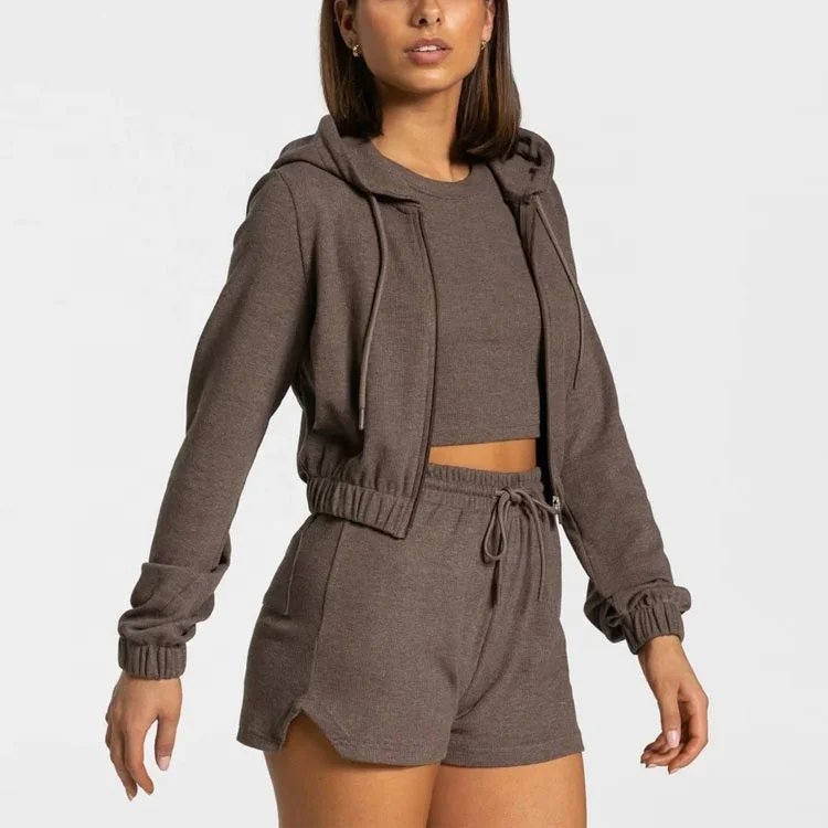 Custom Ribbed Cotton Plain Blank Workout Full Zip up Cropped Hoodies for Women