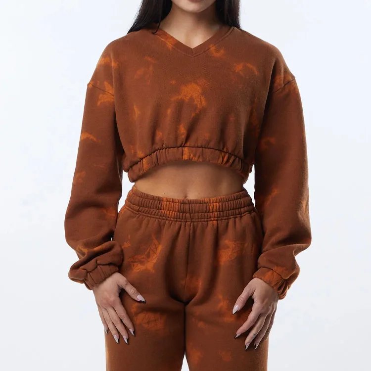 Long Sleeve Tie Dye Crop Fitness Sweatshirt V-Neck French Terry Sporty Sweatshirt Crop Hoodie