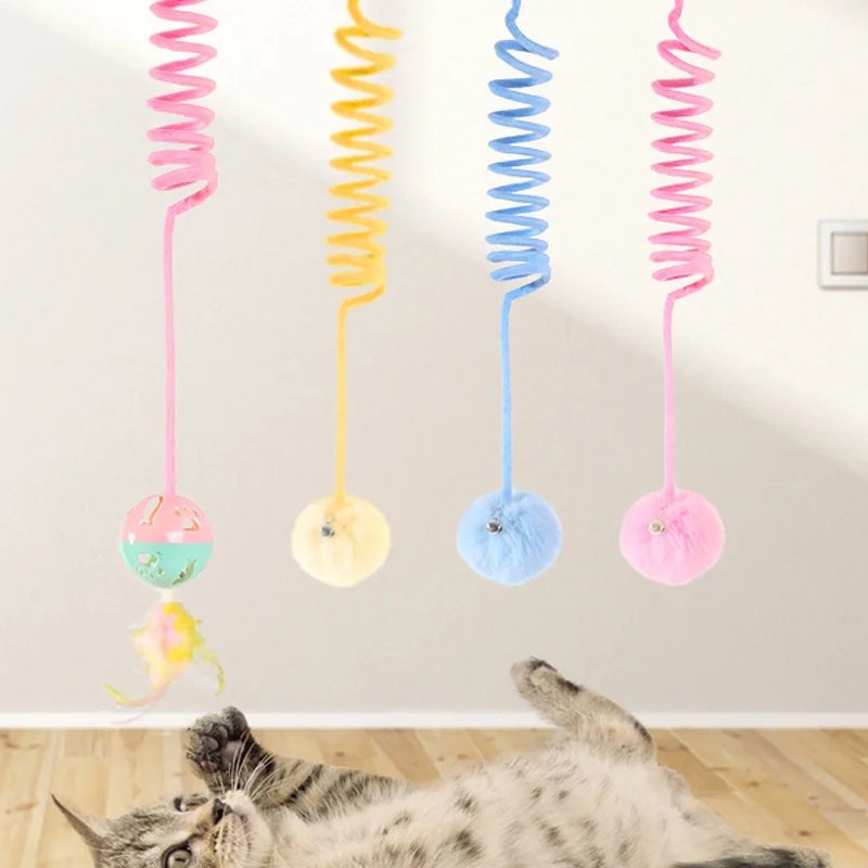 Pet Sucker Spring Plush Hair Ball Feather Cat Teaser Pet Interactive Tension Spring Cat Toy Ball Cats Interactive Sports Toys