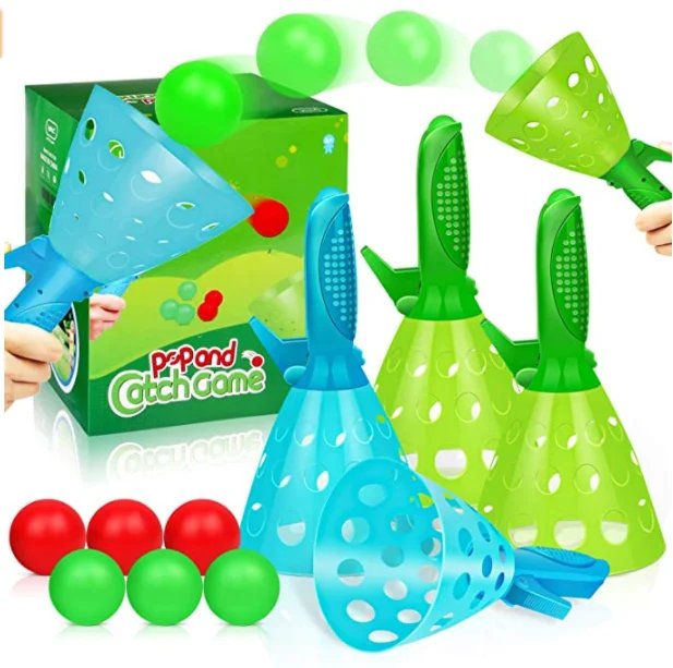 Huiye Outdoor Toy Set Pop-Pass Catch Ball Game with 4 Launcher Baskets and 6 Balls Bouncing Ball Catch Baskets